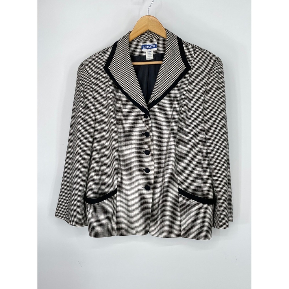 Pendleton Womens Blazer 16W Jacket Black White Houndstooth Flax Rayon Silk Blend